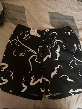 Black Swim Board Shorts with White Abstract Print
